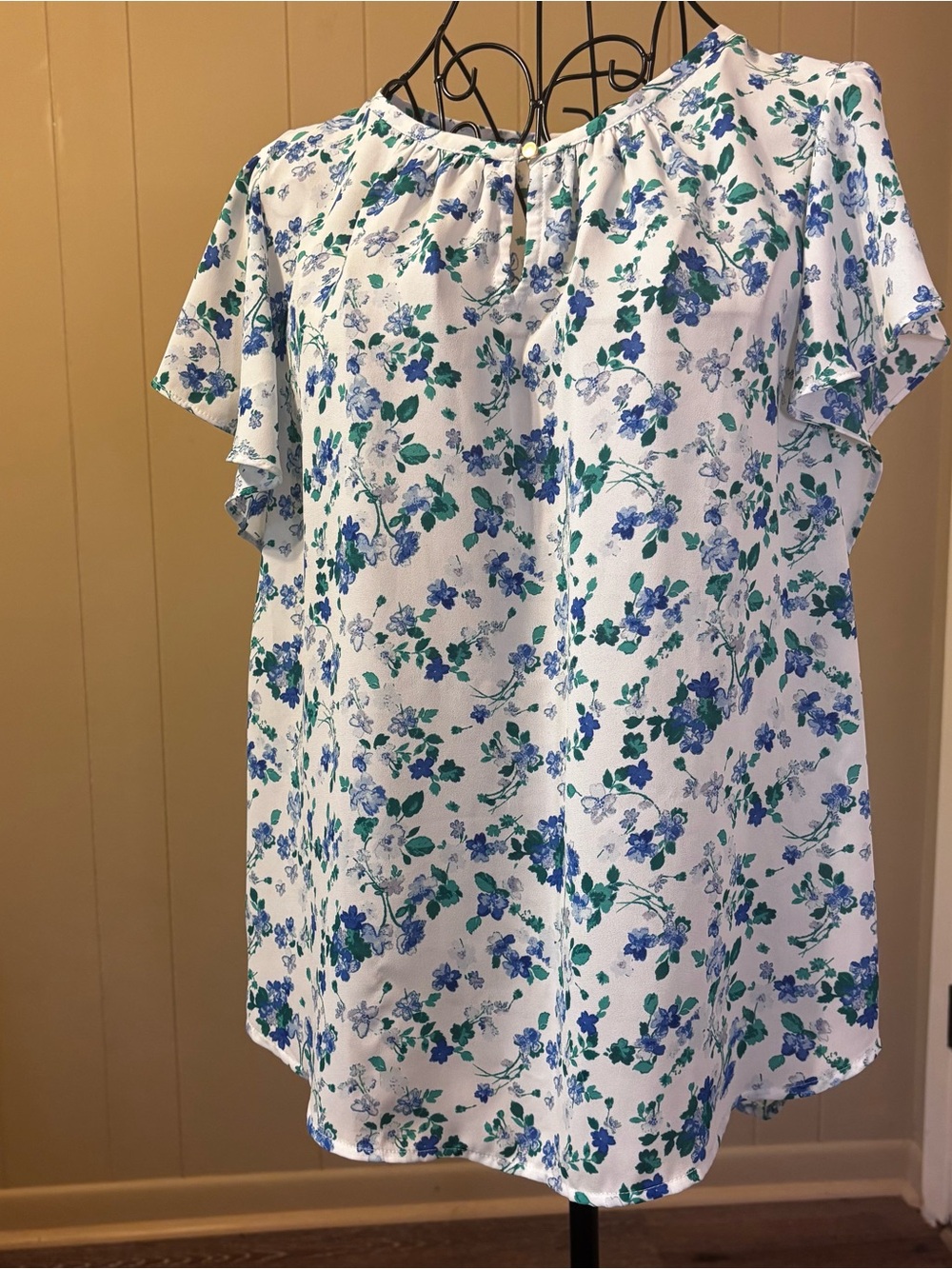 Liz Claiborne White Blouse with Blue & Green Floral Print
